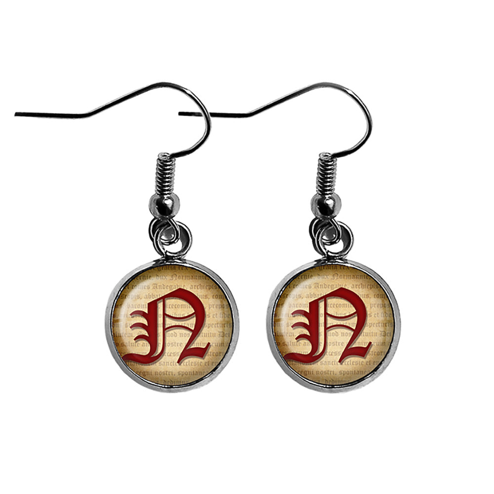 N Letter Old English Gothic Blackletter Magna Carta Surgical Steel Earrings