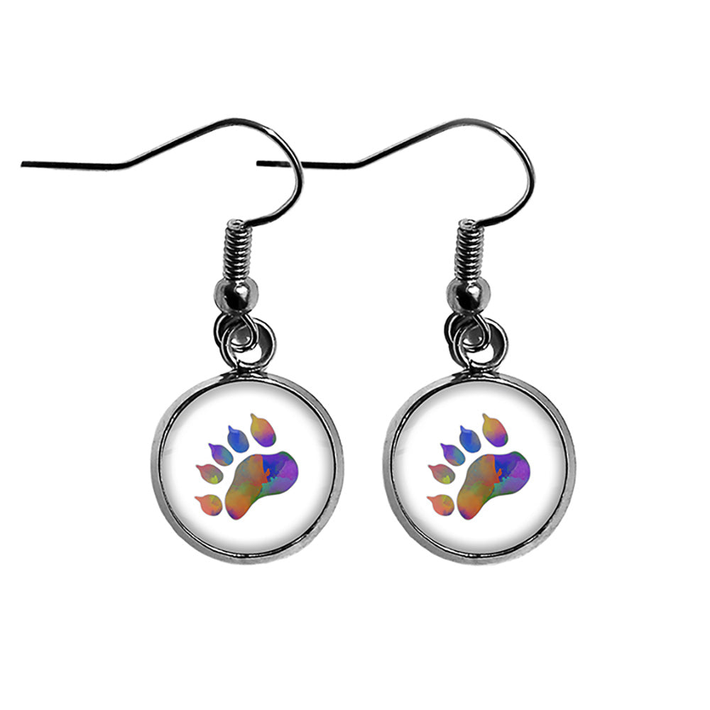 Bear Paw Print Rainbow Watercolor Surgical Steel Earrings