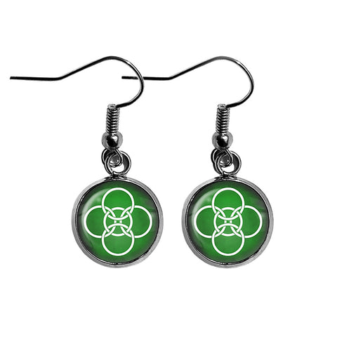 Celtic Symbol Celtic Symbol Five Fold Circles White on Green Surgical Steel Earrings