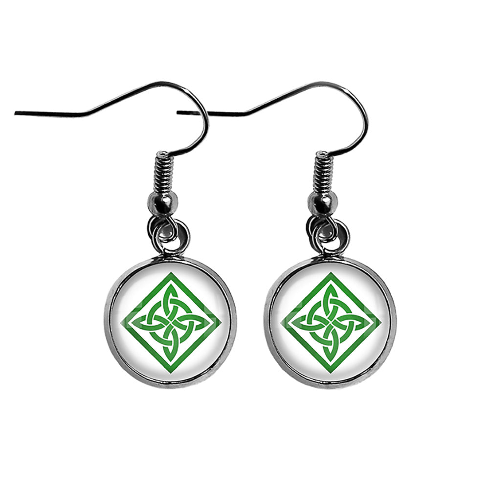 Celtic Knot Square Green on White Surgical Steel Earrings