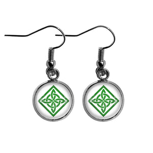 Celtic Knot Square Green on White Surgical Steel Earrings