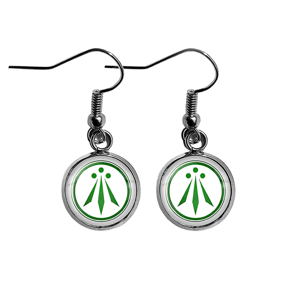 Celtic Symbol The Awen Three Rays of Light White on Green Surgical Steel Earrings