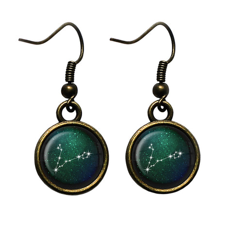 Zodiac Symbol Astrology Pisces Star Constellation Antique Bronze Earrings