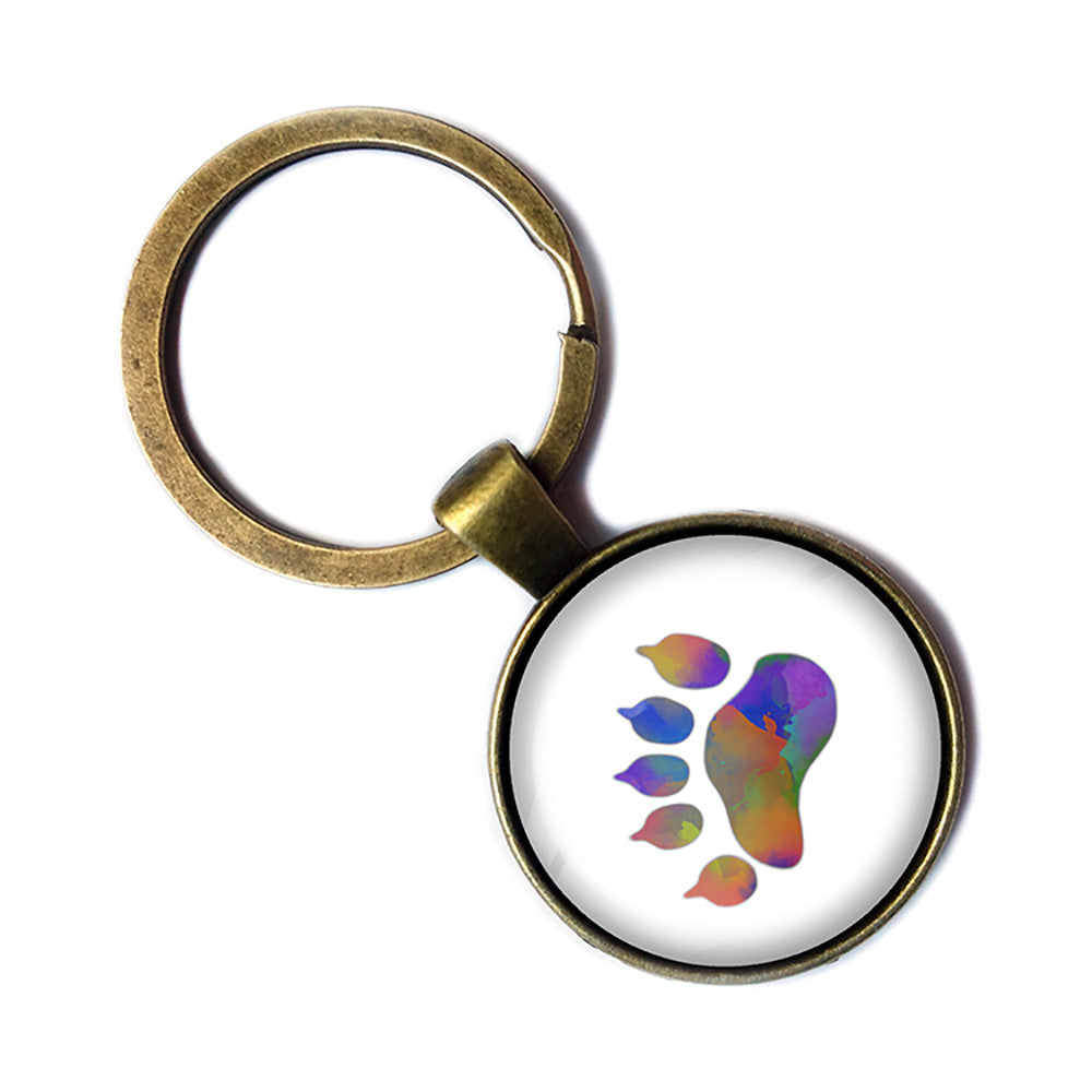 Bear Paw Print Rainbow Watercolor Antique Bronze Keychain