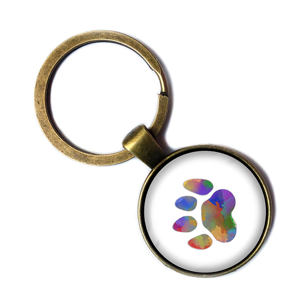 Cat Paw Print Rainbow Watercolor Antique Bronze Keychain