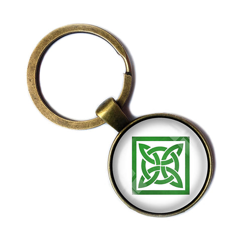 Celtic Knot Square Green on White Bronze Keychain