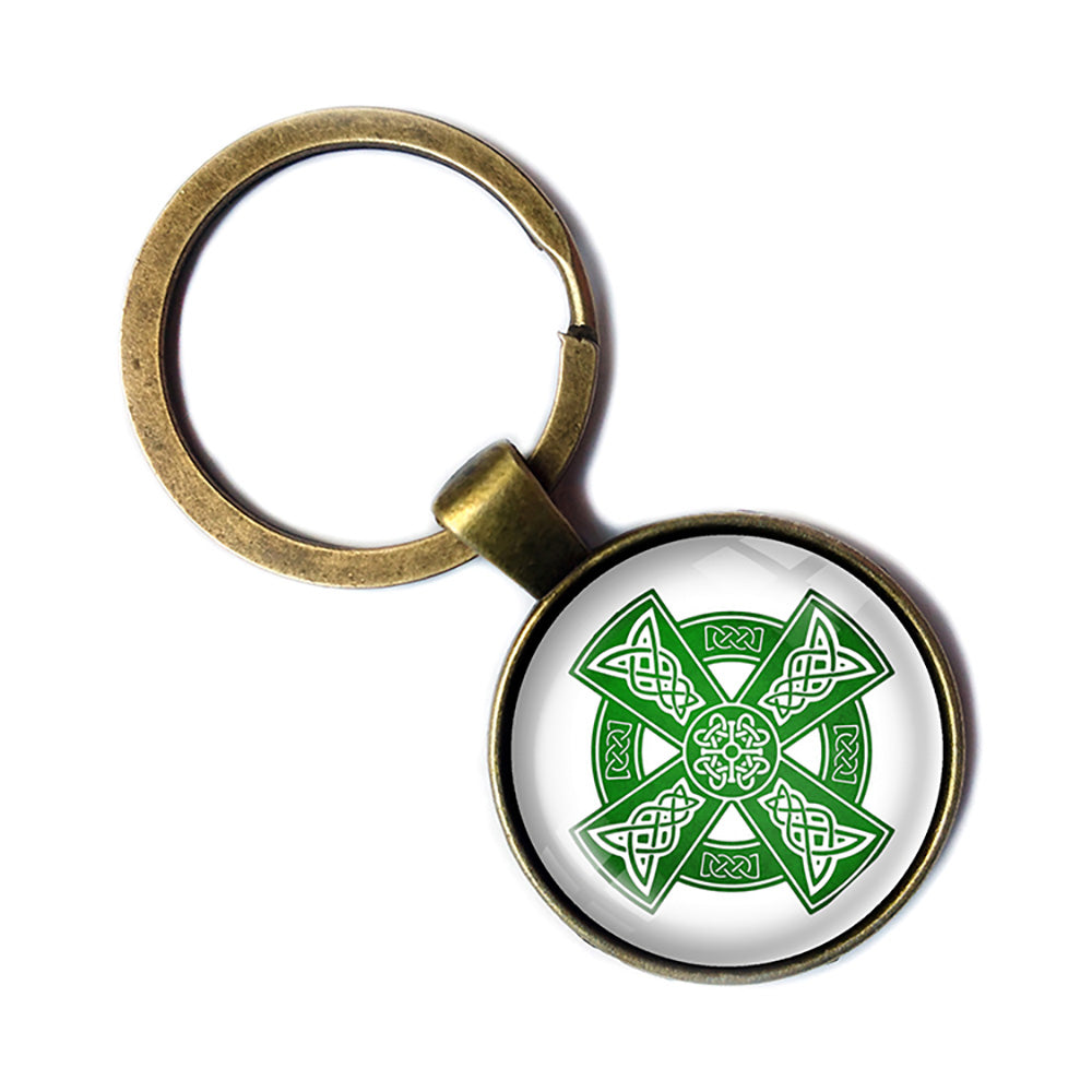 Celtic Cross Green on White Bronze Keychain
