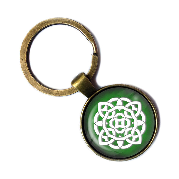 Celtic Symbol Circle White on Green Bronze Keychain