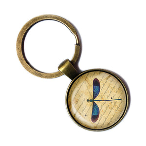 Blue Dragonfly on Parchment Antique Bronze Keychain