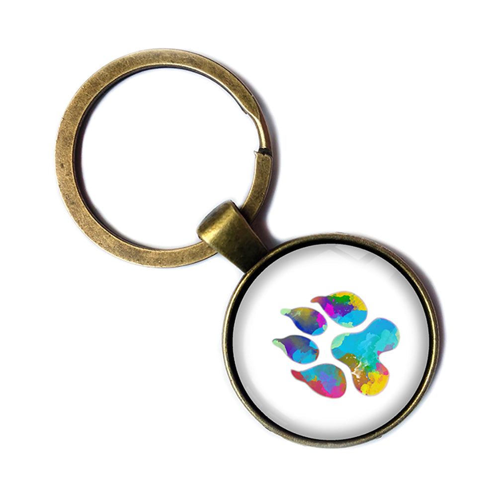 Leopard Paw Print Rainbow Watercolor Antique Bronze Keychain