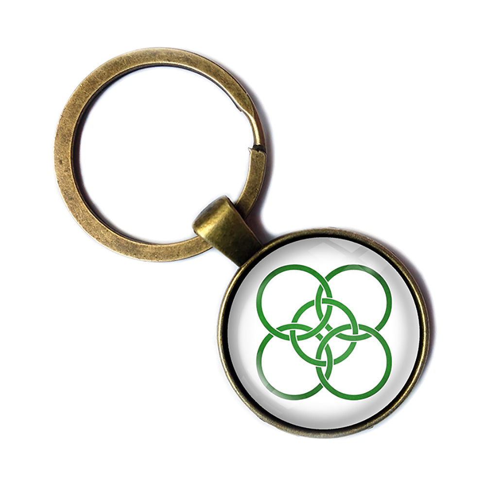 Celtic Five Fold Circle Green on White Bronze Keychain