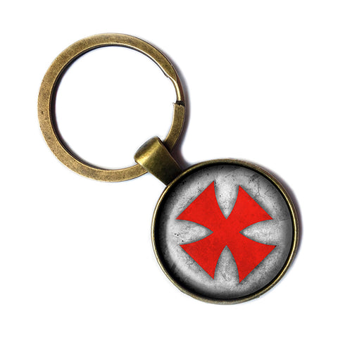 Worn Knights Templar Cross Red on White Antique Bronze Keychain