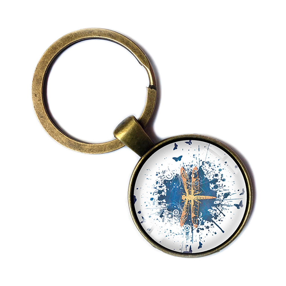 Blue Gold Grunge Dragonfly and Butterflies Antique Bronze Keychain