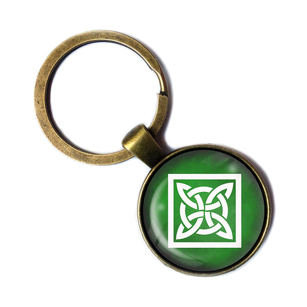 Celtic Knot Square White on Green Bronze Keychain