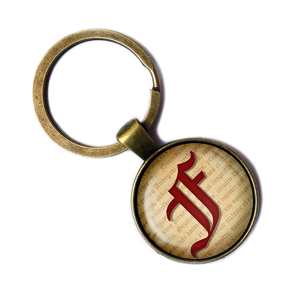 F Letter Old English Gothic Blackletter Magna Carta Antique Bronze Keychain