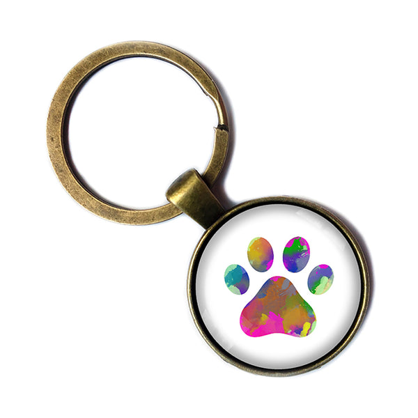 Dog Paw Print Rainbow Watercolor Antique Bronze Keychain