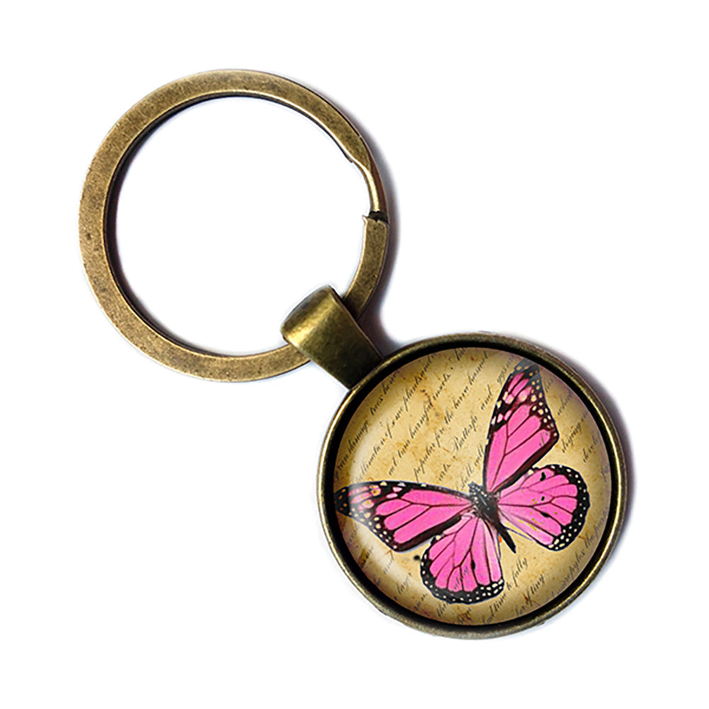 Pink Butterfly Antique Bronze Keychain