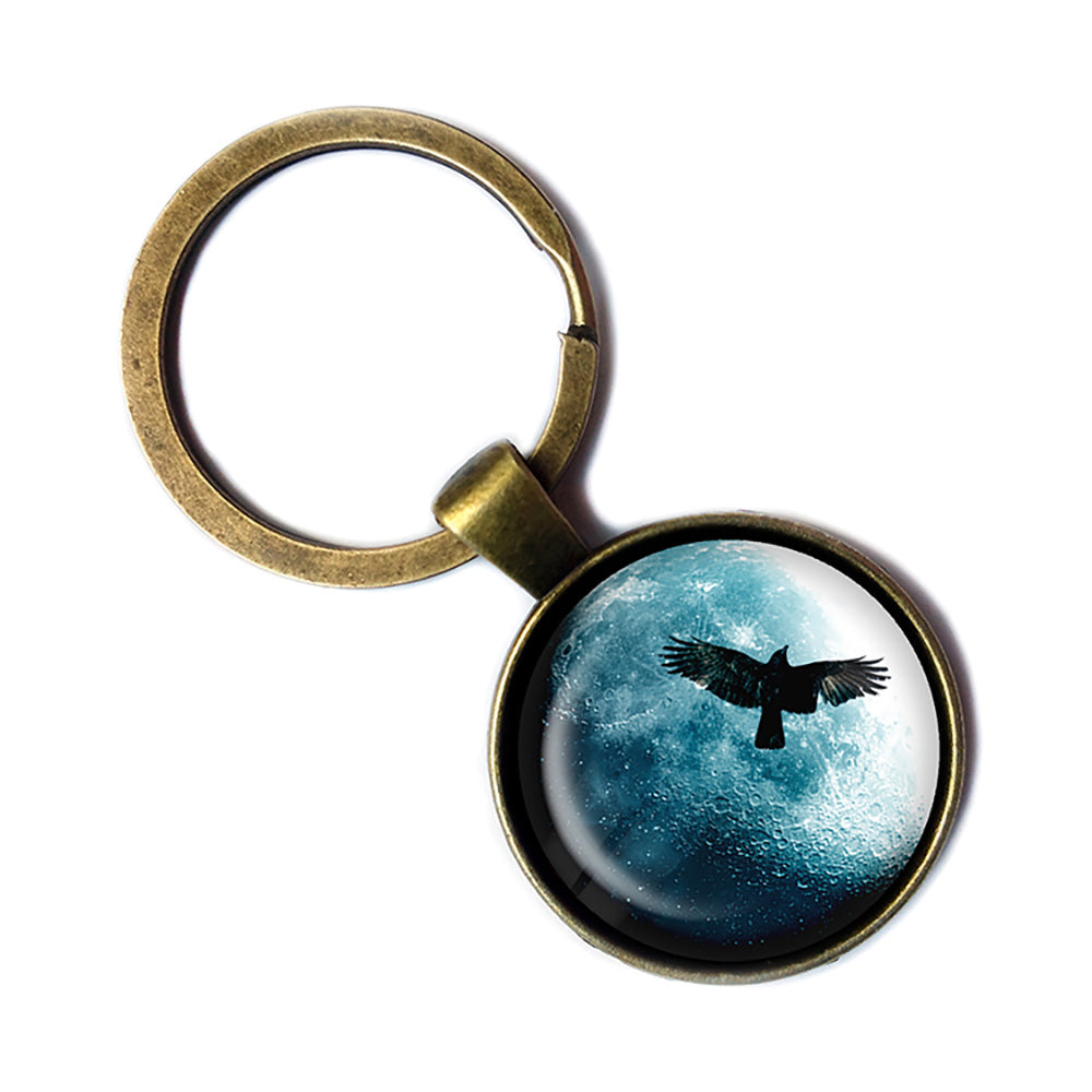 Halloween Full Moon Raven Antique Bronze Keychain