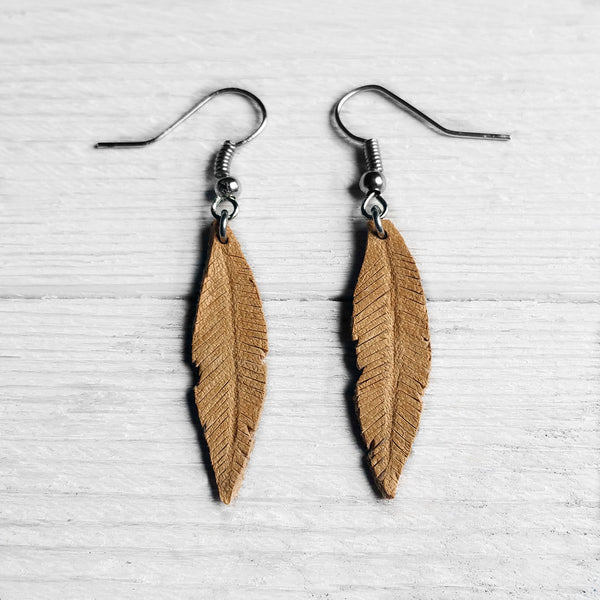Yellow Hand Carved Leather Feather Surgical Steel Earrings