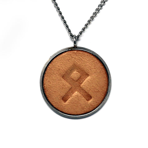 Viking Runes Elder Futhark O Othala Ancestral Stainless Steel Genuine Leather Hand Stamped Pendant & Necklace