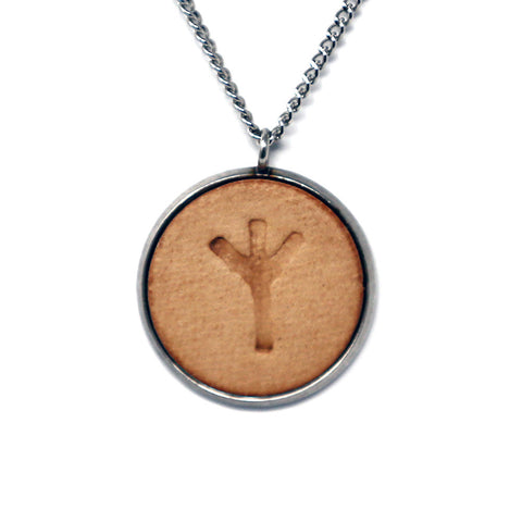 Viking Runes Elder Futhark Z Algiz Elk Stainless Steel Genuine Leather Hand Stamped Pendant & Necklace