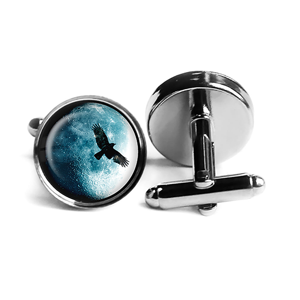 Halloween Full Moon Raven Rhodium Silver Cufflinks