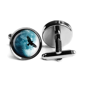 Halloween Full Moon Raven Rhodium Silver Cufflinks
