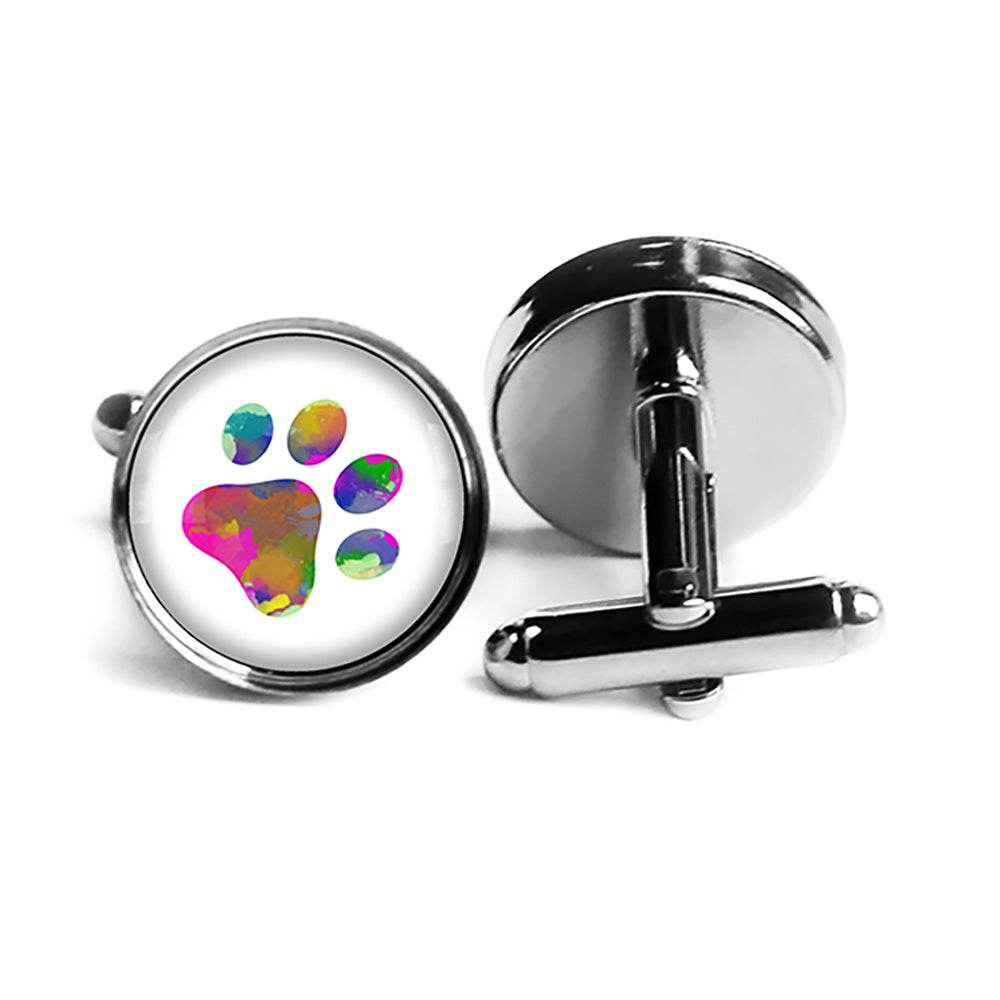 Dog Paw Print Rainbow Watercolor Rhodium Silver Cufflinks