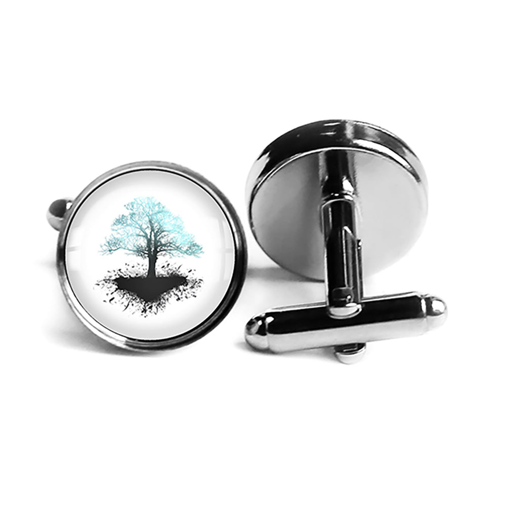 Lightning Blue Grunge Tree of Life Rhodium Silver Cufflinks