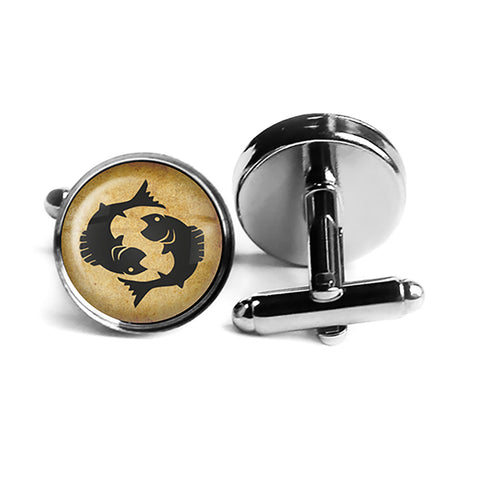 Astrology Zodiac Sign Pisces Rhodium Silver Cufflinks