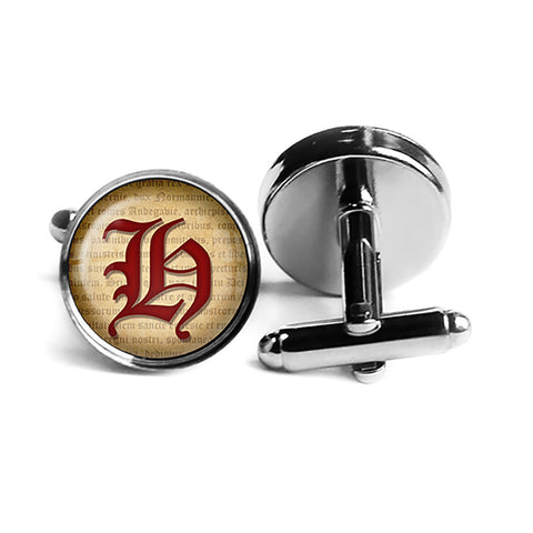 H Letter Old English Gothic Blackletter Magna Carta Rhodium Silver Cufflinks