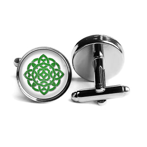 Celtic Knot Circle Green on White Rhodium Silver Cufflinks