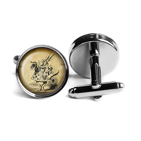 Alice in Wonderland White Rabbit Trumpet Rhodium Silver Cufflinks