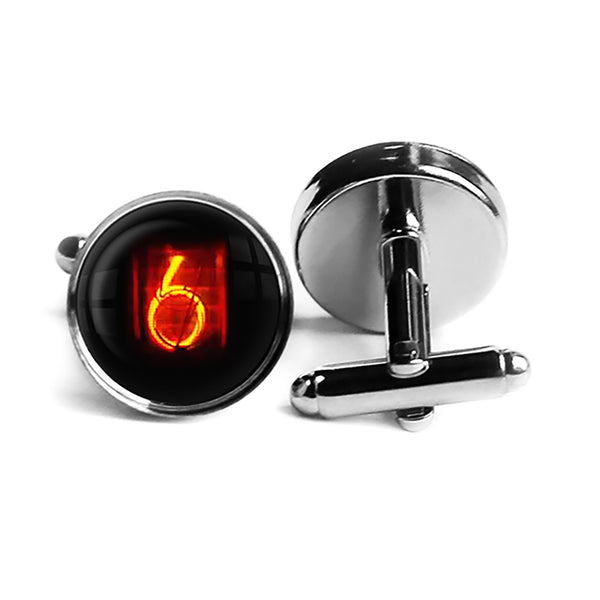 Dieselpunk Steampunk Cyberpunk Nixie Tube Print Number 6 Six Rhodium Silver Cufflinks