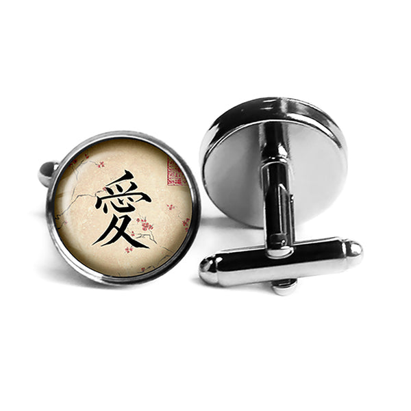 Japanese Calligraphy Kanji Love Rhodium Silver Cufflinks