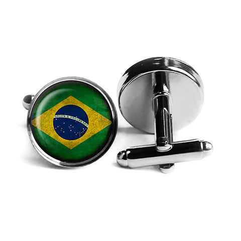 Brazil Brazilian Flag Rhodium Silver Cufflinks