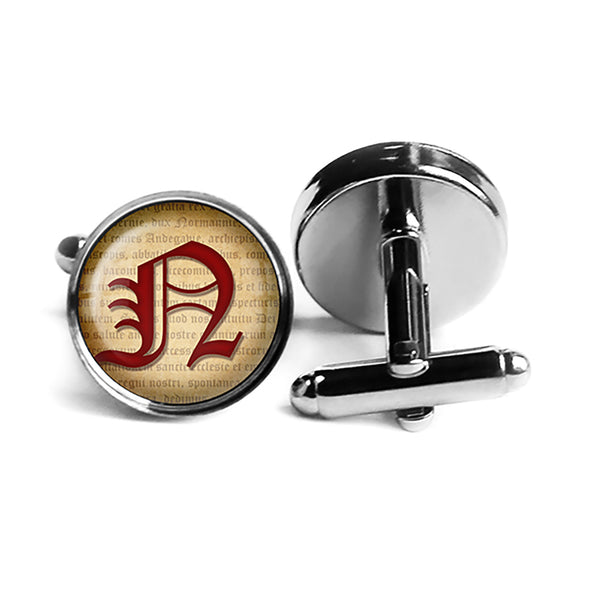 N Letter Old English Gothic Blackletter Magna Carta Rhodium Silver Cufflinks