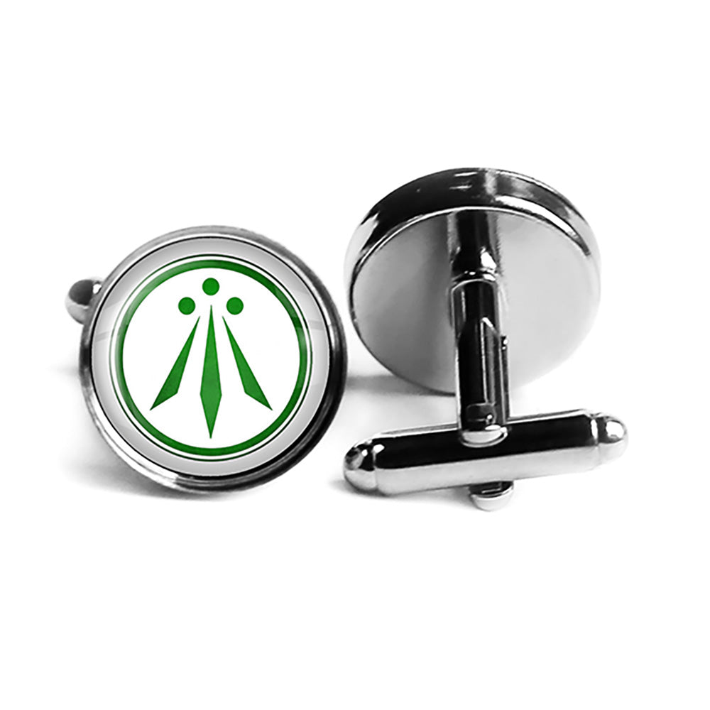Celtic Symbol The Awen Three Rays of Light White on Green Rhodium Silver Cufflinks