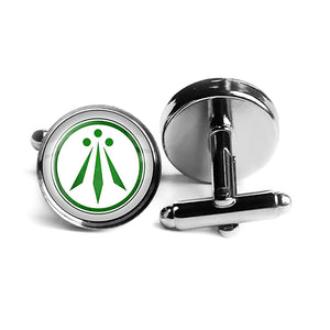 Celtic Symbol The Awen Three Rays of Light White on Green Rhodium Silver Cufflinks