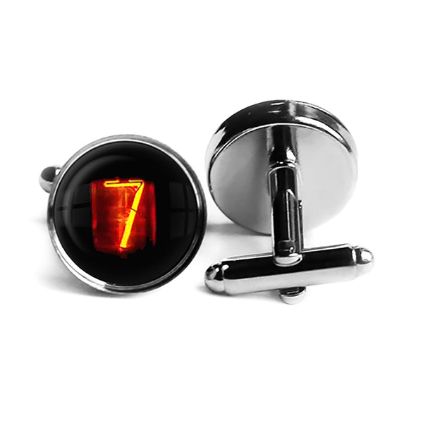 Dieselpunk Steampunk Cyberpunk Nixie Tube Print Number 7 Seven Rhodium Silver Cufflinks