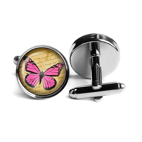 Pink Butterfly Rhodium Silver Cufflinks