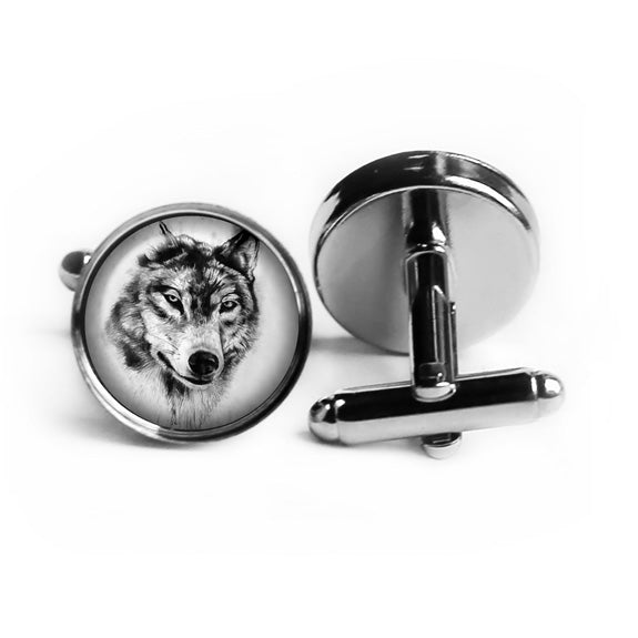 Wolf Head Rhodium Silver Cufflinks