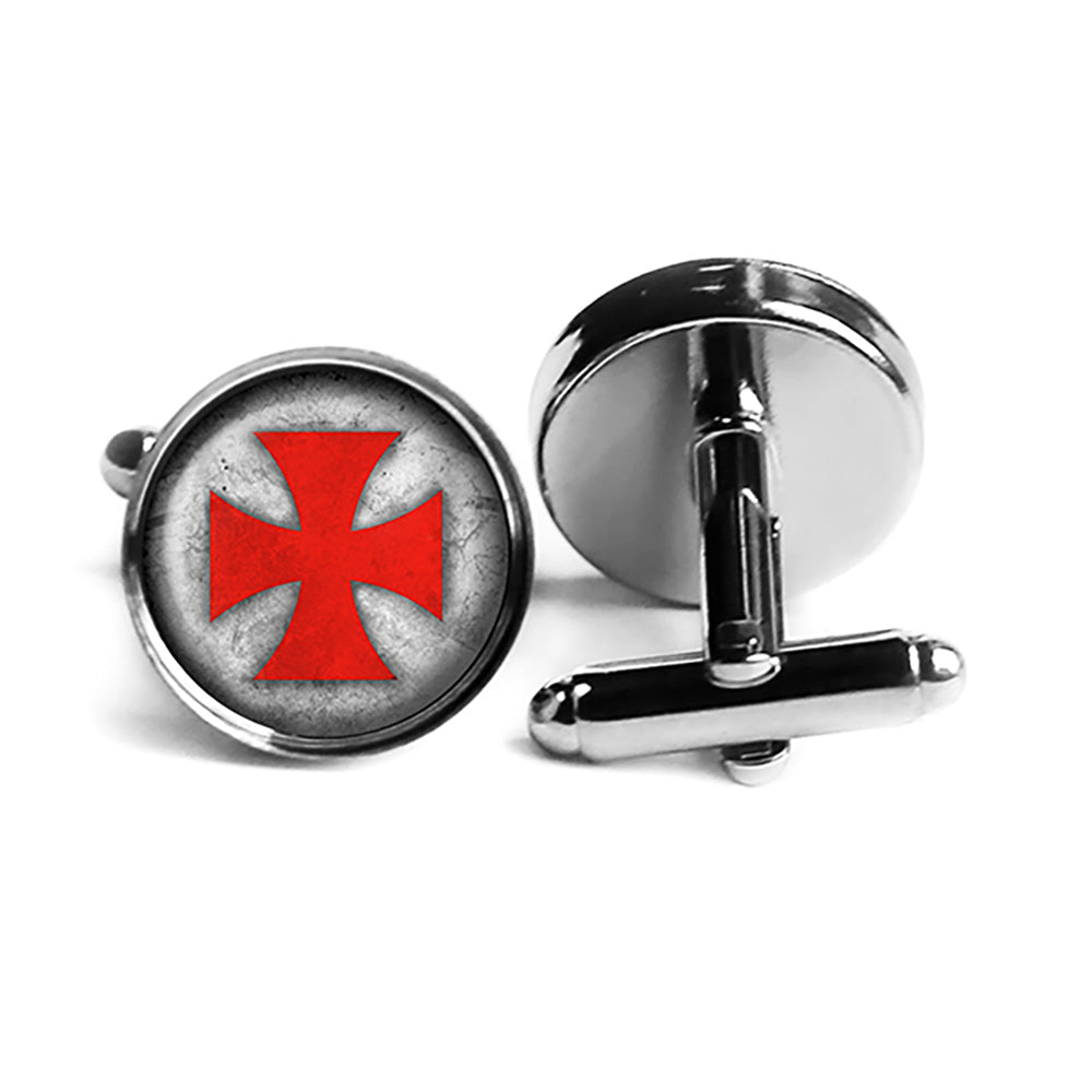 Worn Knights Templar Cross Red on White Rhodium Silver Cufflinks