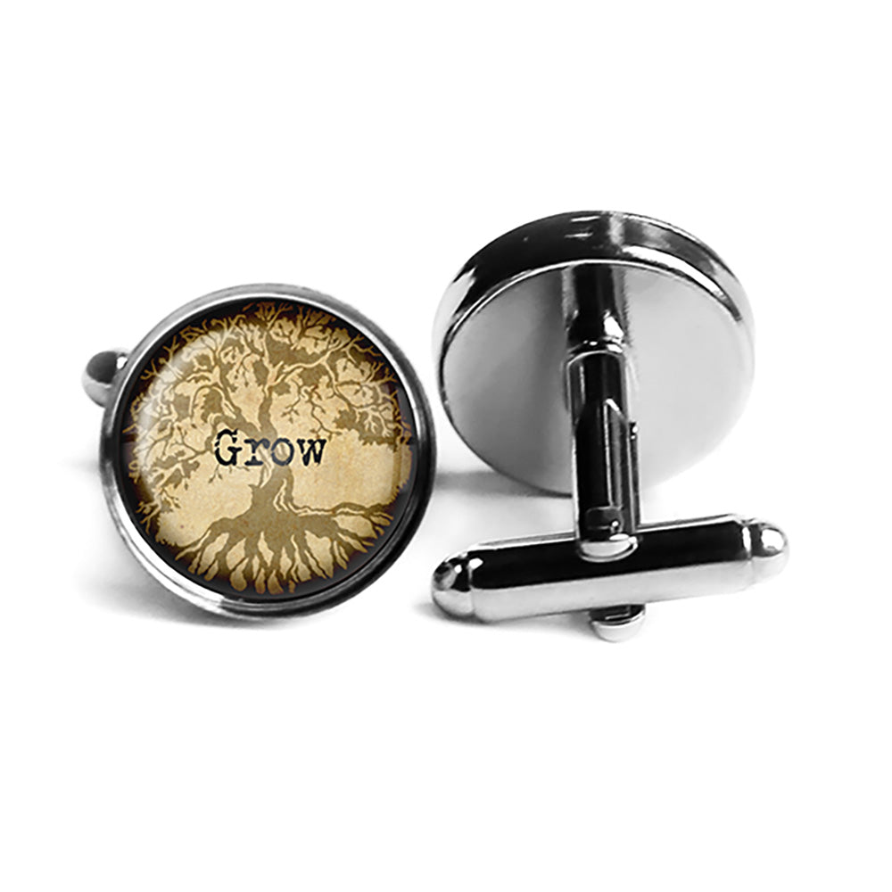 Tree of Life Grow Rhodium Silver Cufflinks