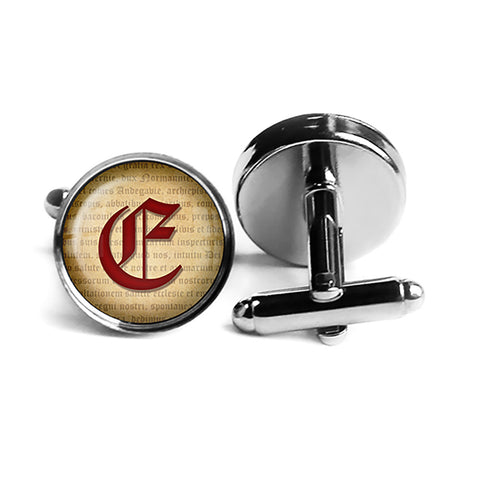 E Letter Old English Gothic Blackletter Magna Carta Rhodium Silver Cufflinks