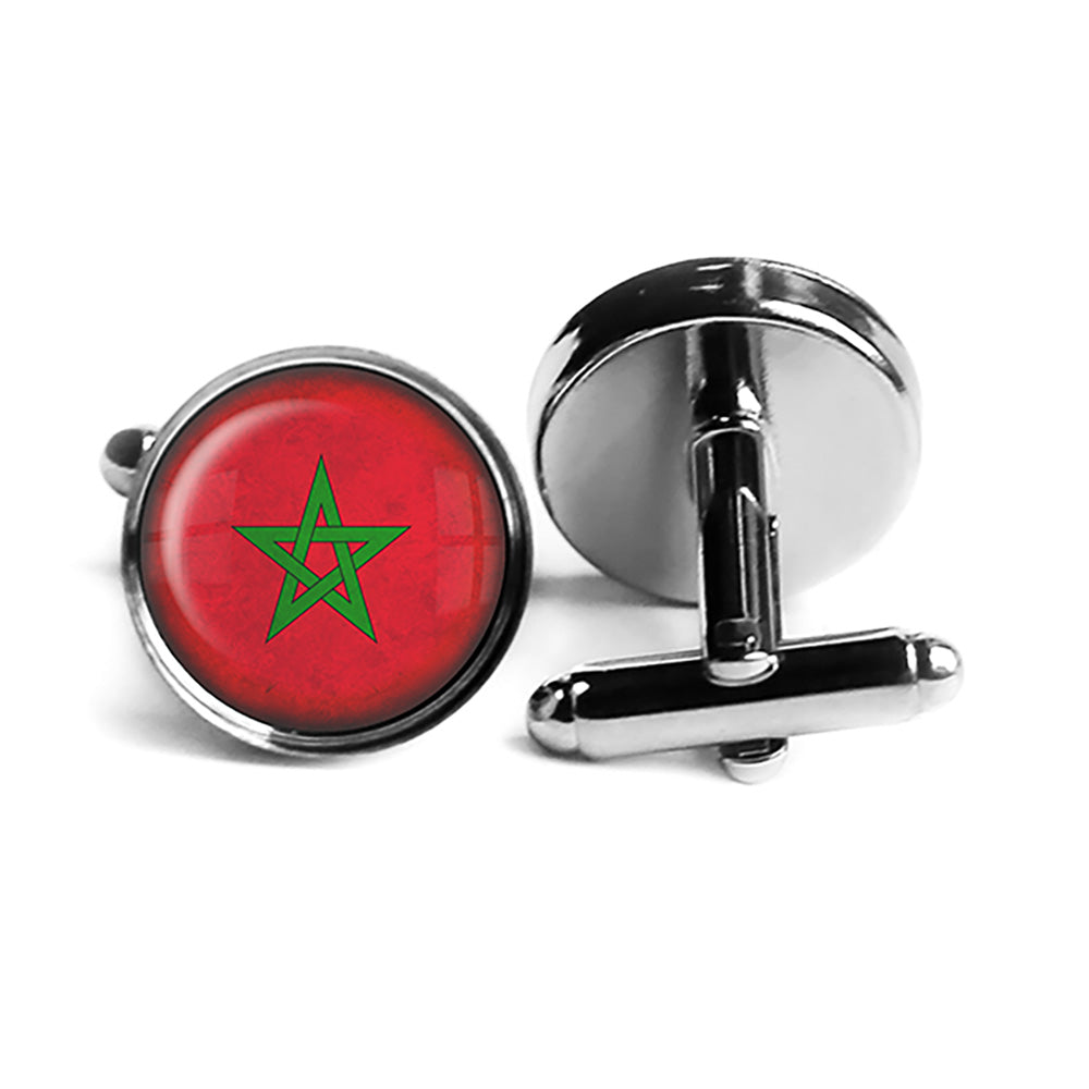 Morocco Moroccan Flag Rhodium Silver Cufflinks