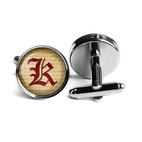 K Letter Old English Gothic Blackletter Magna Carta Rhodium Silver Cufflinks