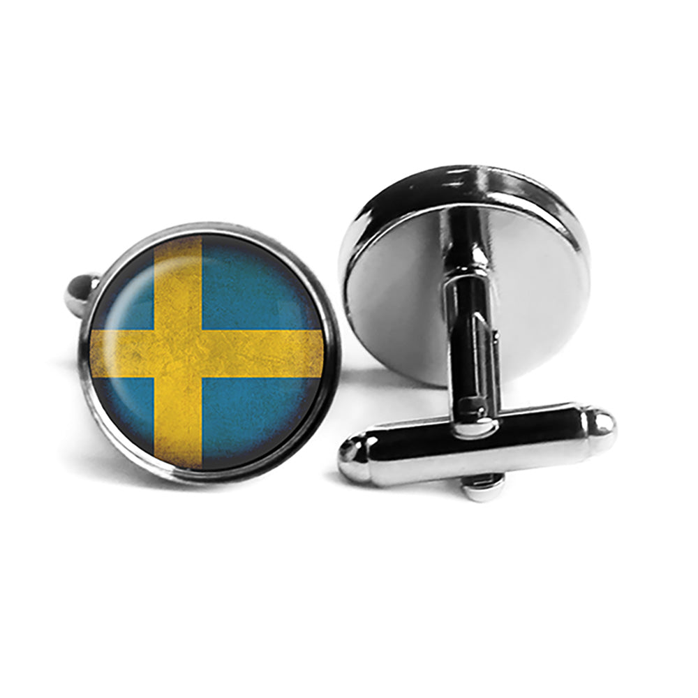 Sweden Swedish Flag Rhodium Silver Cufflinks