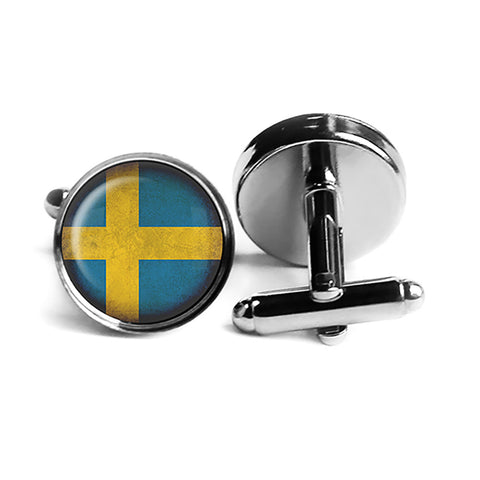 Sweden Swedish Flag Rhodium Silver Cufflinks