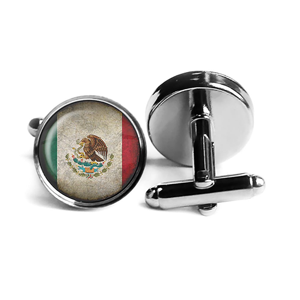 Mexico Mexican Flag Rhodium Silver Cufflinks